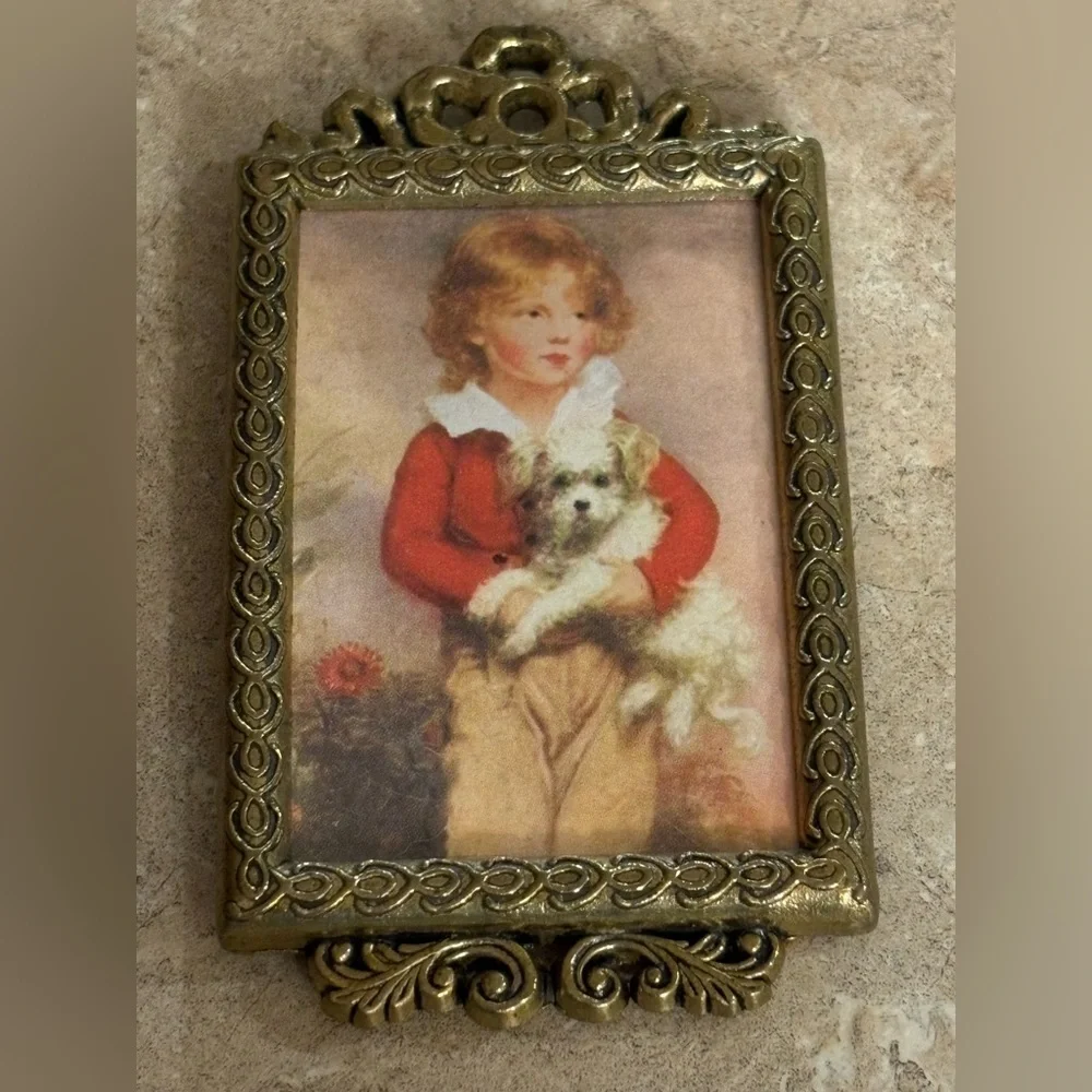 Vintage Italian Brass Tone Mini Picture Frame with Victorian Child Print